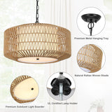 Farmhouse Chandelier Light Fixture,4-Light Rattan Boho Chandeliers For Dining Room With Fabric Shade