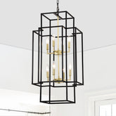 8-Light Metal Lantern Tiered Pendant Hanging Light Fixtures, Industrial Farmhouse Adjustable Height Chandeliers For Dining Room Hallway Foyer Entryway--Matte Black & Gold E12 Bulbs Not Included
