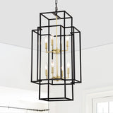 8-Light Metal Lantern Tiered Pendant Hanging Light Fixtures, Industrial Farmhouse Adjustable Height Chandeliers For Dining Room Hallway Foyer Entryway--Matte Black & Gold E12 Bulbs Not Included