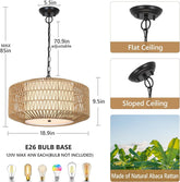 Farmhouse Chandelier Light Fixture,4-Light Rattan Boho Chandeliers For Dining Room With Fabric Shade