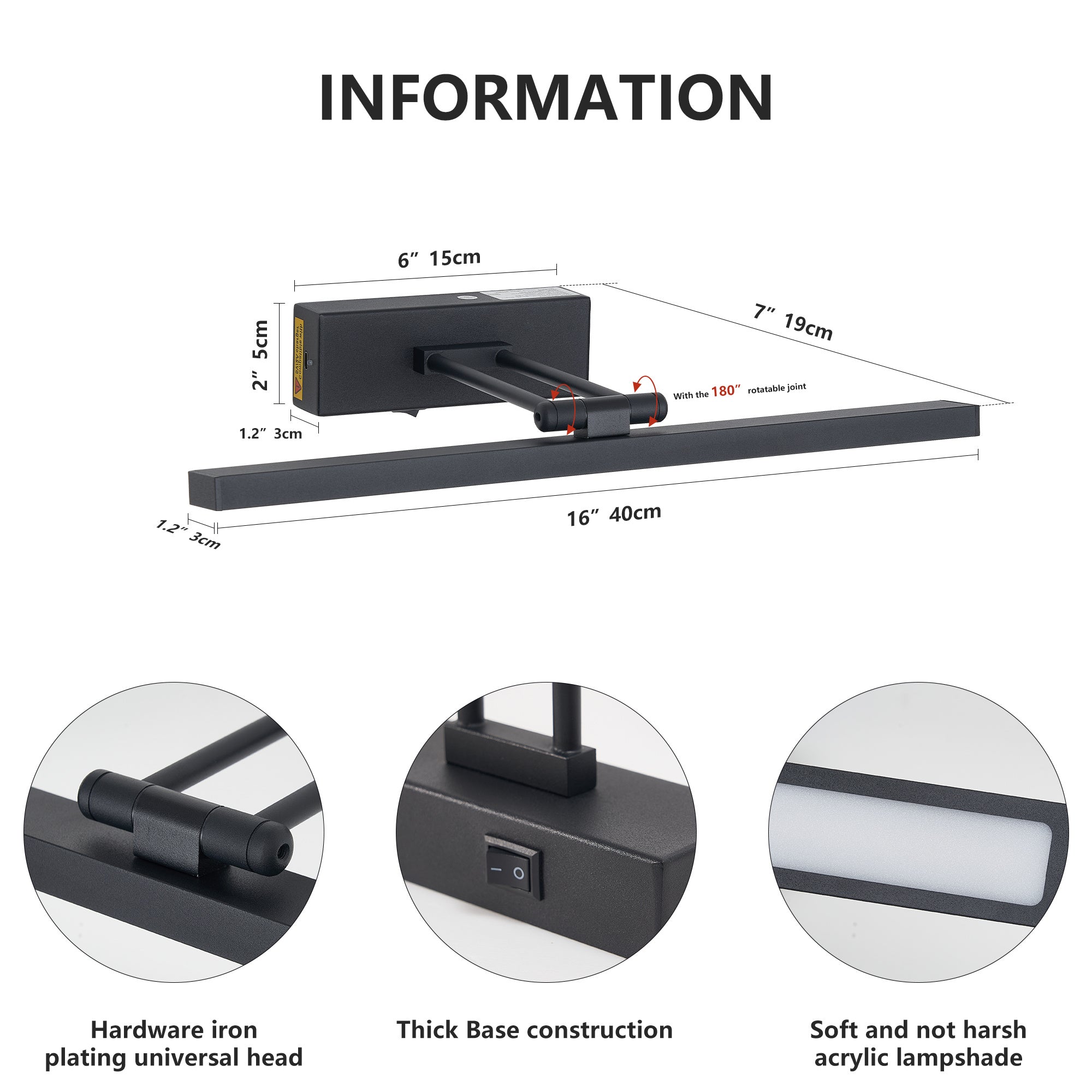 Picture Light Battery Operated With Remote, LED Black Art Lights For Paintings Rechargeable Dimmable And Timer, 16in Wall Sconce For Art Painting Gallery Adjustable Swing Arm For Display
