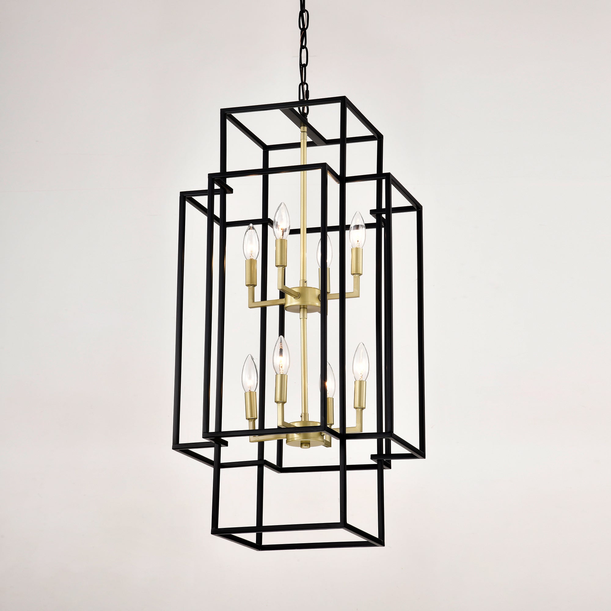 8-Light Metal Lantern Tiered Pendant Hanging Light Fixtures, Industrial Farmhouse Adjustable Height Chandeliers For Dining Room Hallway Foyer Entryway--Matte Black & Gold E12 Bulbs Not Included