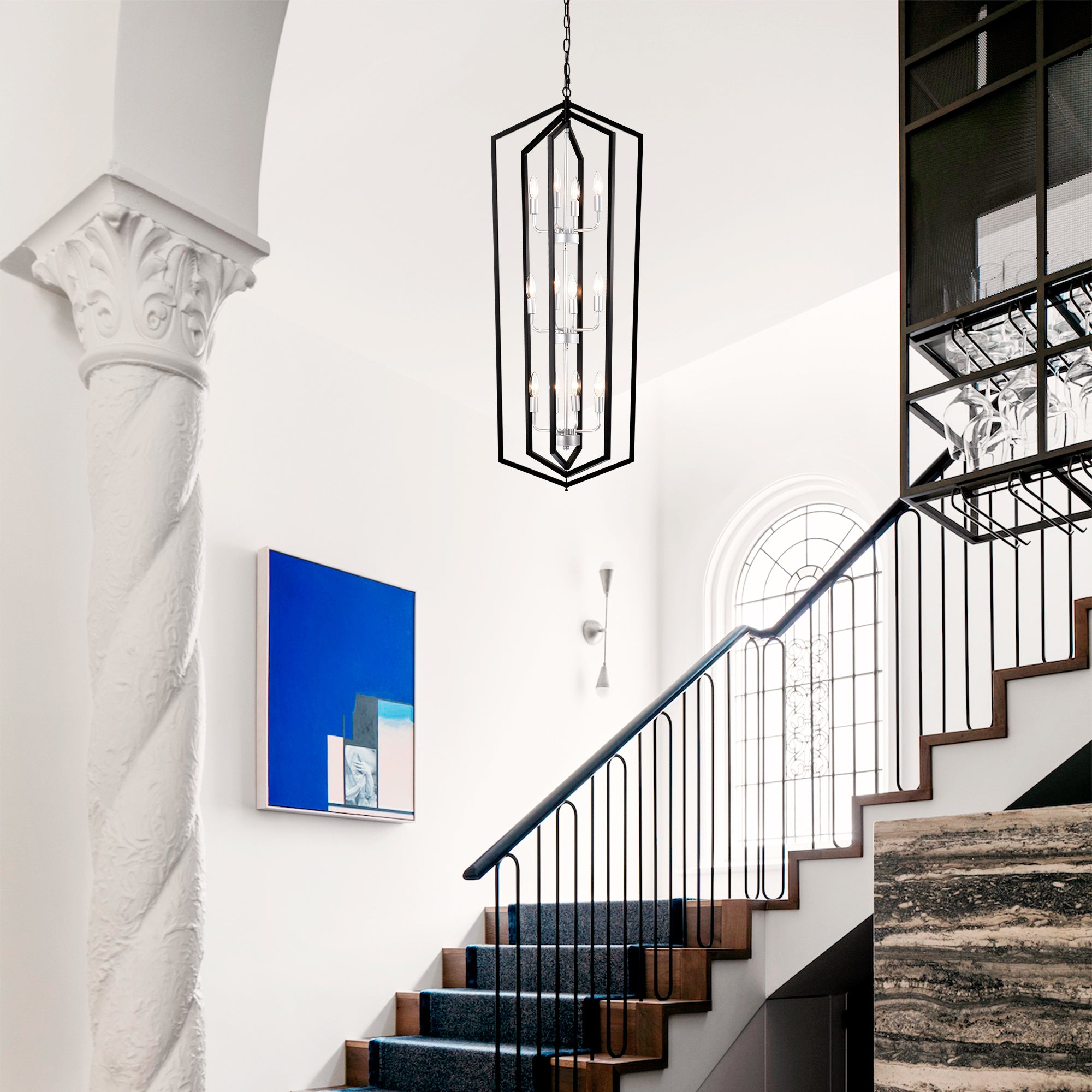 12-Light Farmhouse Kitchen Chandeliers, Matte Black And Sliver Vintage Rustic Cage Light Fixture Adjustable Height Chandeliers For Dining Room Hallway Foyer Entryway E12 Bulbs Not Included