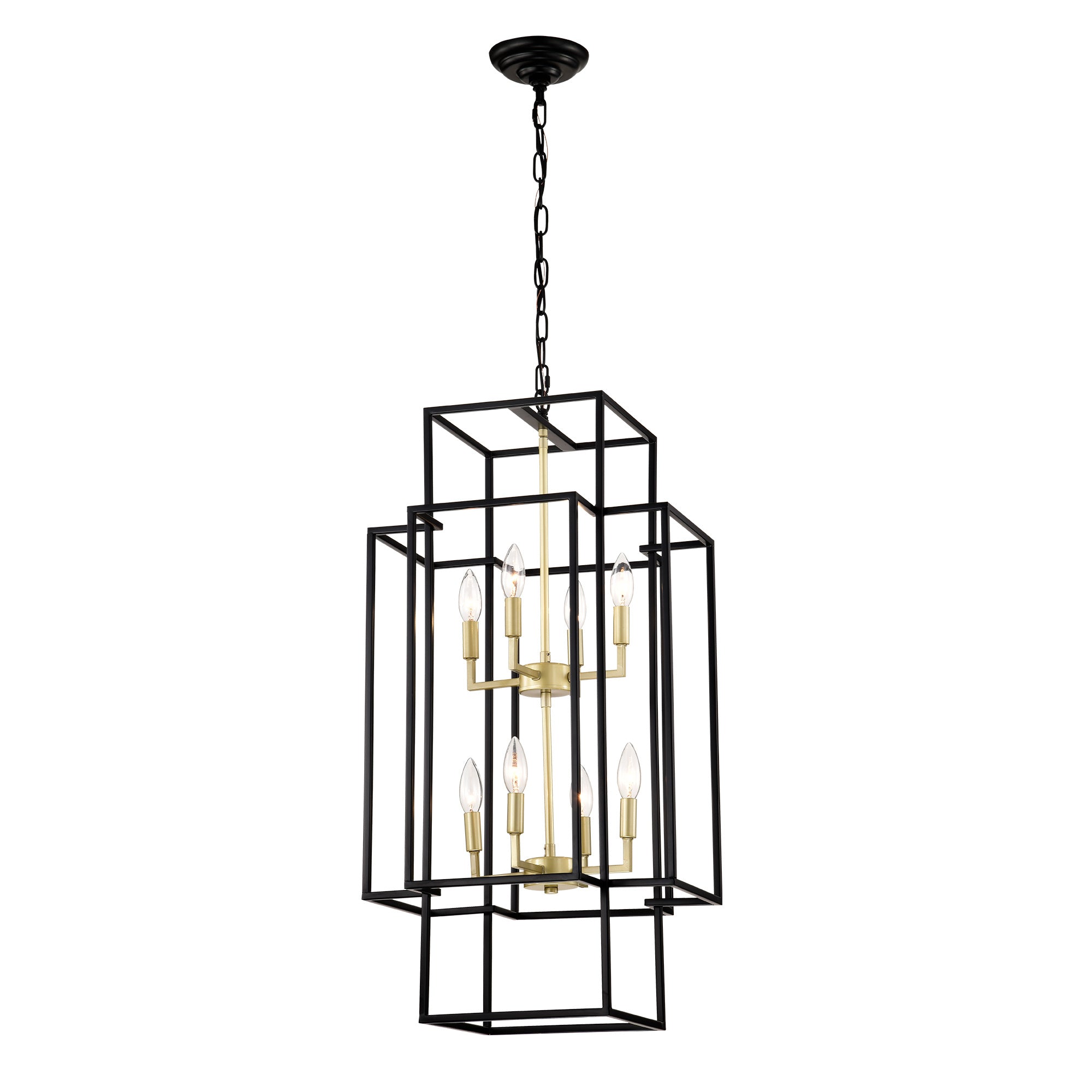 8-Light Metal Lantern Tiered Pendant Hanging Light Fixtures, Industrial Farmhouse Adjustable Height Chandeliers For Dining Room Hallway Foyer Entryway--Matte Black & Gold E12 Bulbs Not Included