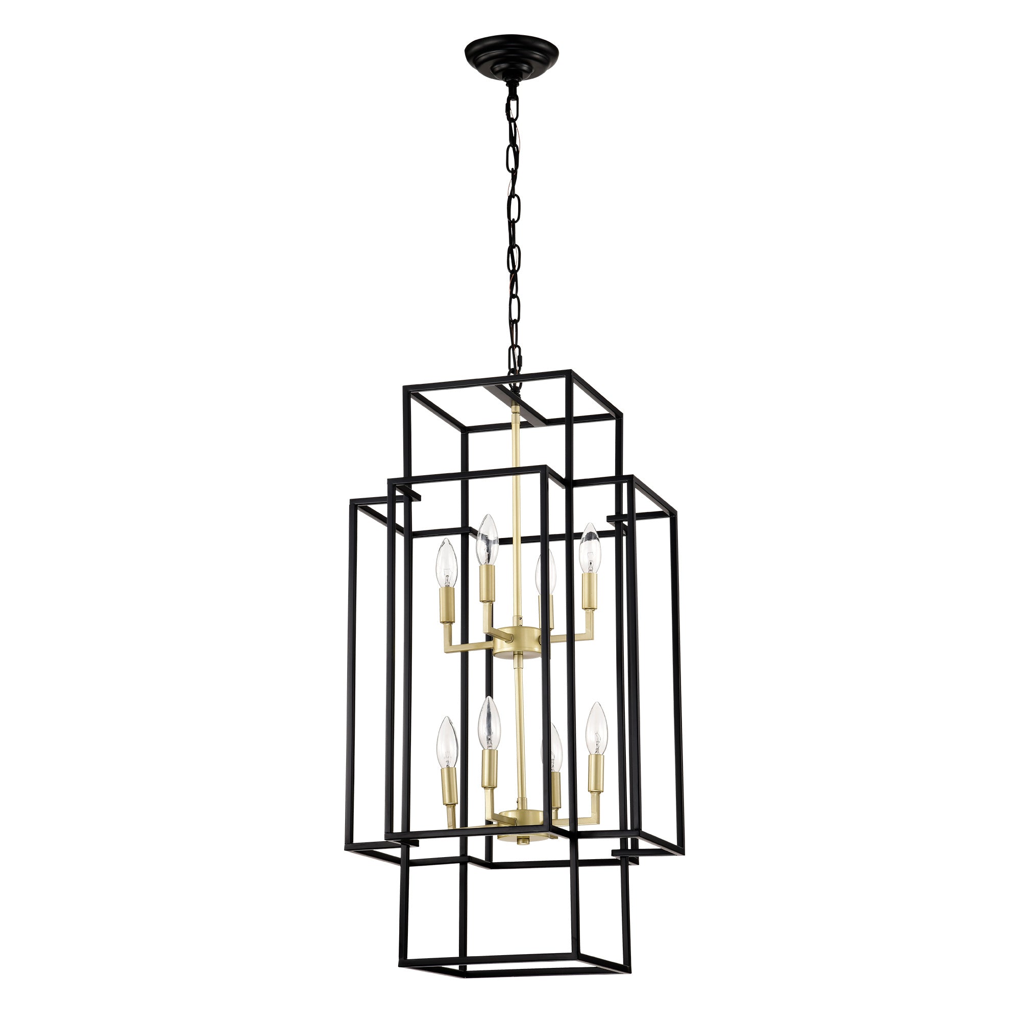 8-Light Metal Lantern Tiered Pendant Hanging Light Fixtures, Industrial Farmhouse Adjustable Height Chandeliers For Dining Room Hallway Foyer Entryway--Matte Black & Gold E12 Bulbs Not Included