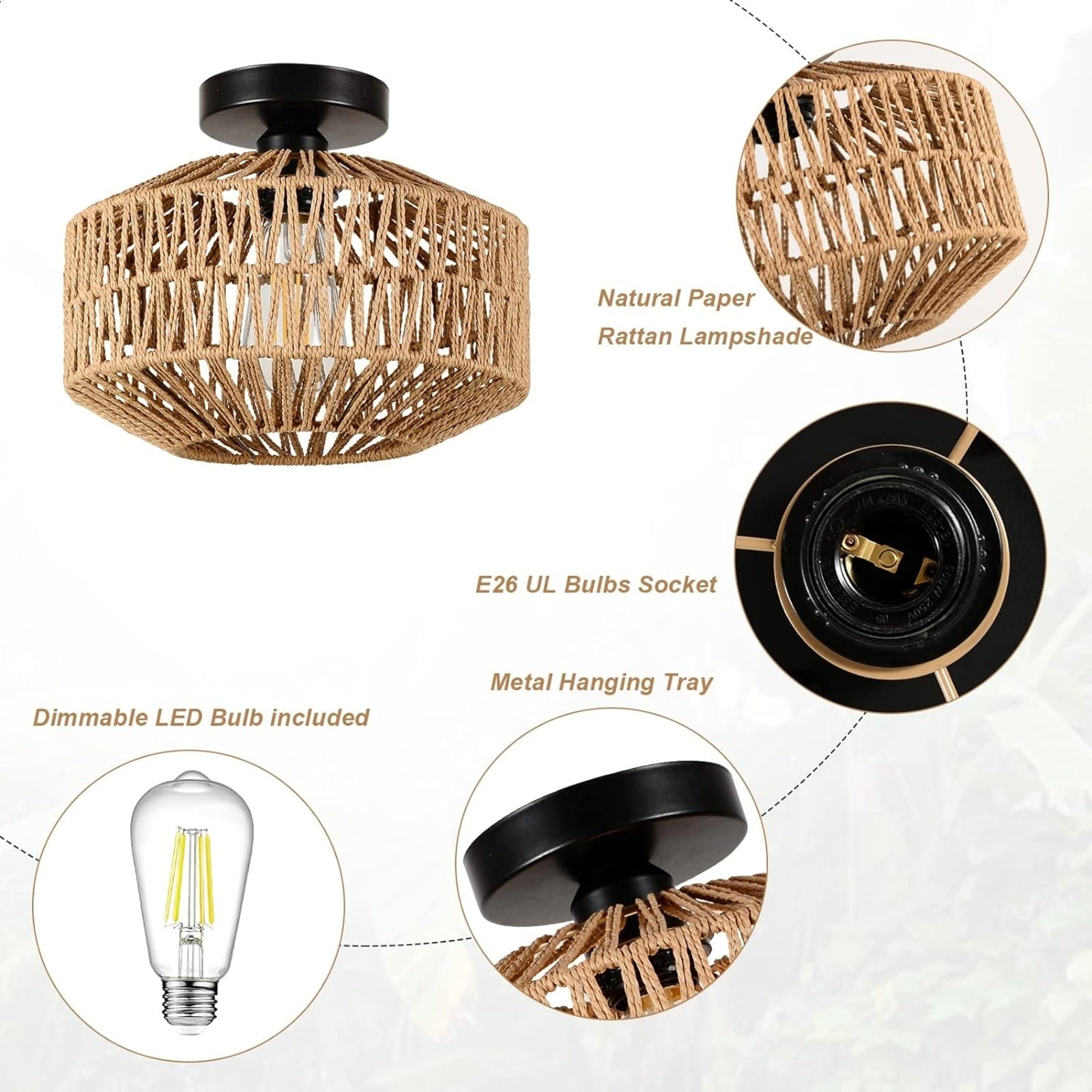 Boho Light Fixtures Ceiling Mount,Mini Rattan Chandelier Light Fixture With Dimmable LED Bulb,Hand W