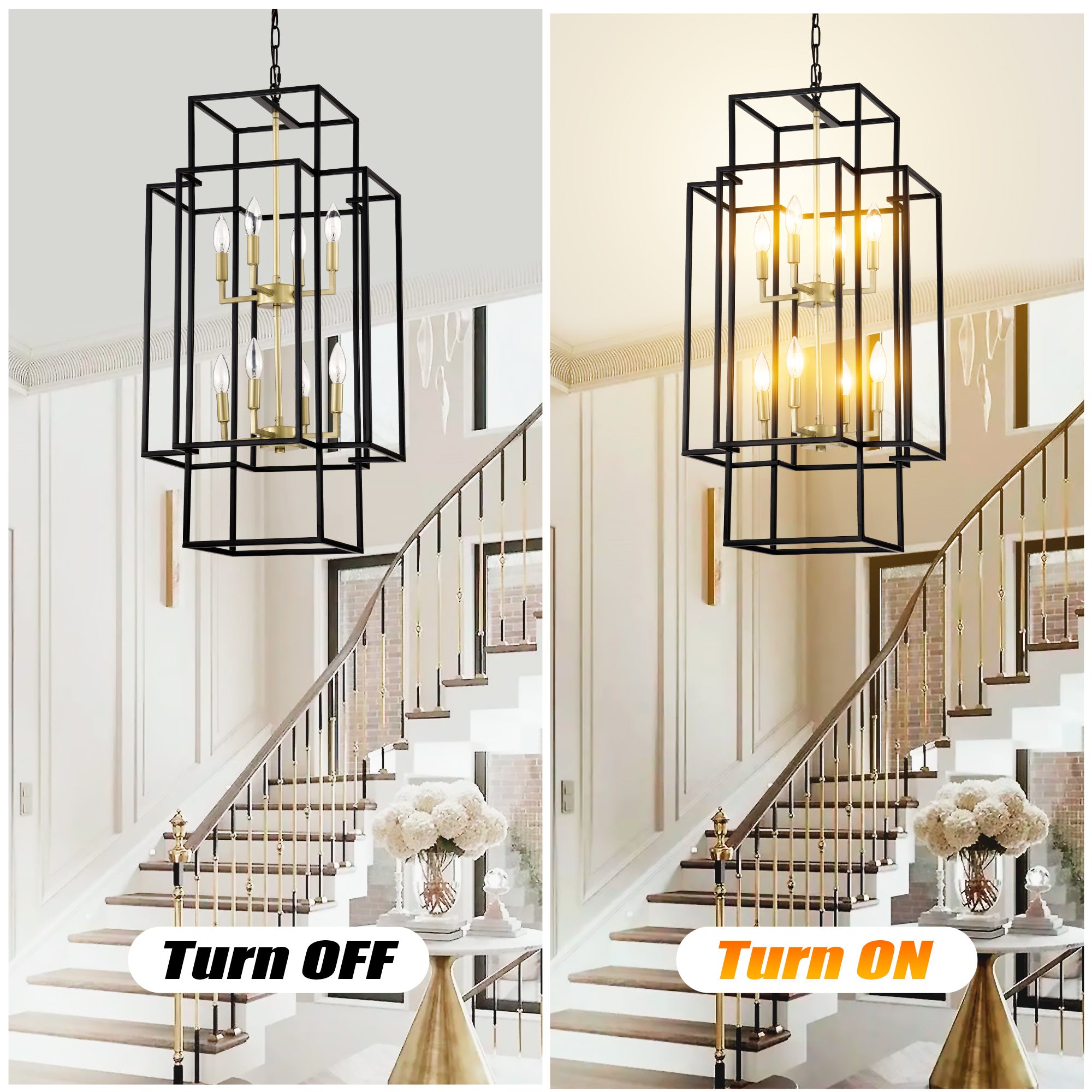8-Light Metal Lantern Tiered Pendant Hanging Light Fixtures, Industrial Farmhouse Adjustable Height Chandeliers For Dining Room Hallway Foyer Entryway--Matte Black & Gold E12 Bulbs Not Included