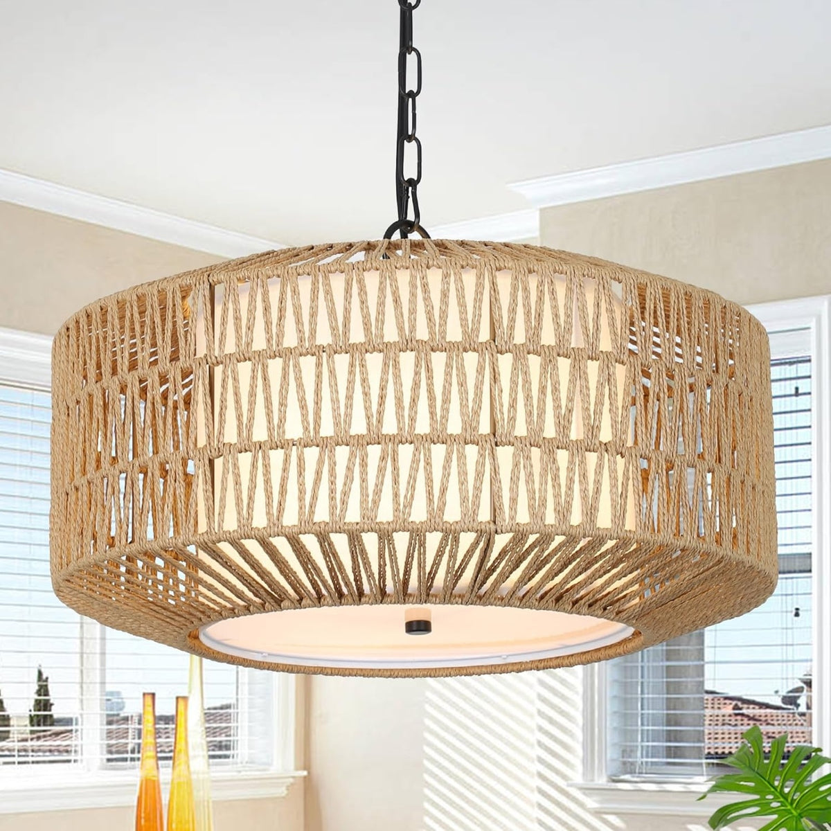 Farmhouse Chandelier Light Fixture,4-Light Rattan Boho Chandeliers For Dining Room With Fabric Shade