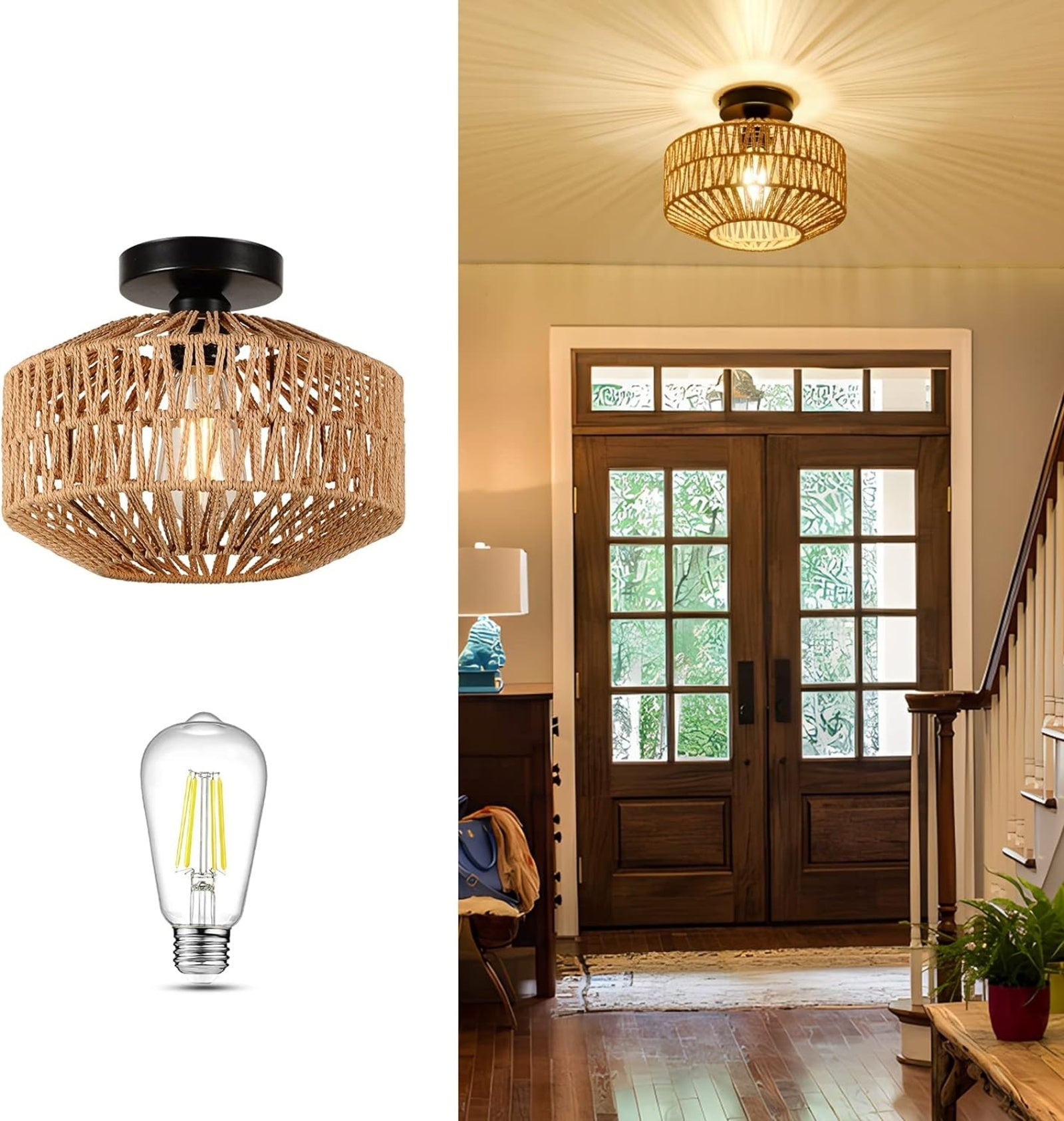 Boho Light Fixtures Ceiling Mount,Mini Rattan Chandelier Light Fixture With Dimmable LED Bulb,Hand W