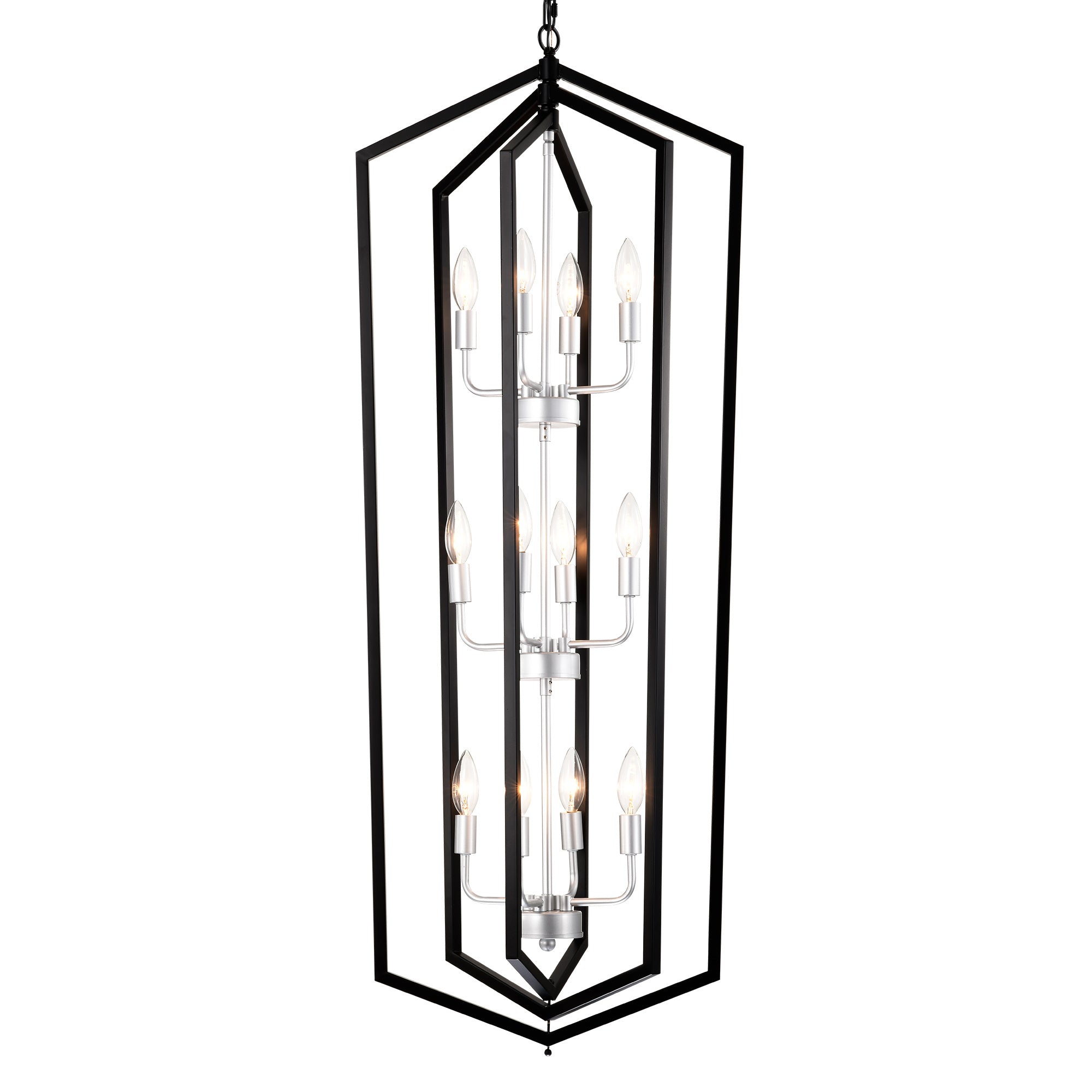 12-Light Farmhouse Kitchen Chandeliers, Matte Black And Sliver Vintage Rustic Cage Light Fixture Adjustable Height Chandeliers For Dining Room Hallway Foyer Entryway E12 Bulbs Not Included