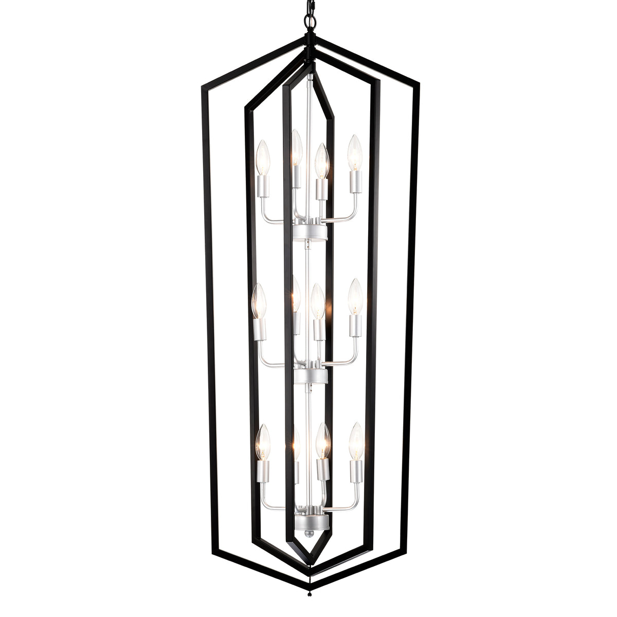 12-Light Farmhouse Kitchen Chandeliers, Matte Black And Sliver Vintage Rustic Cage Light Fixture Adjustable Height Chandeliers For Dining Room Hallway Foyer Entryway E12 Bulbs Not Included