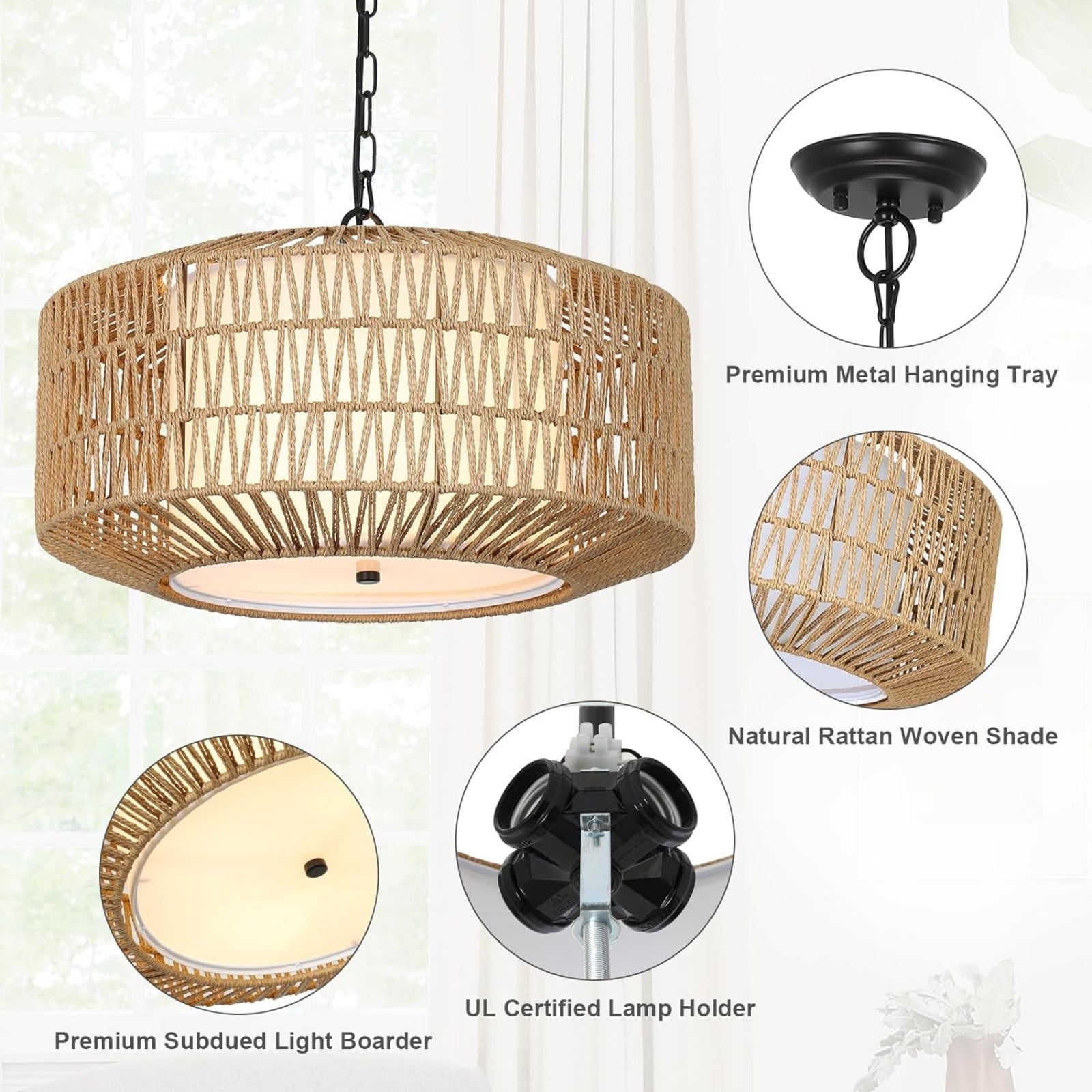 Farmhouse Chandelier Light Fixture,4-Light Rattan Boho Chandeliers For Dining Room With Fabric Shade