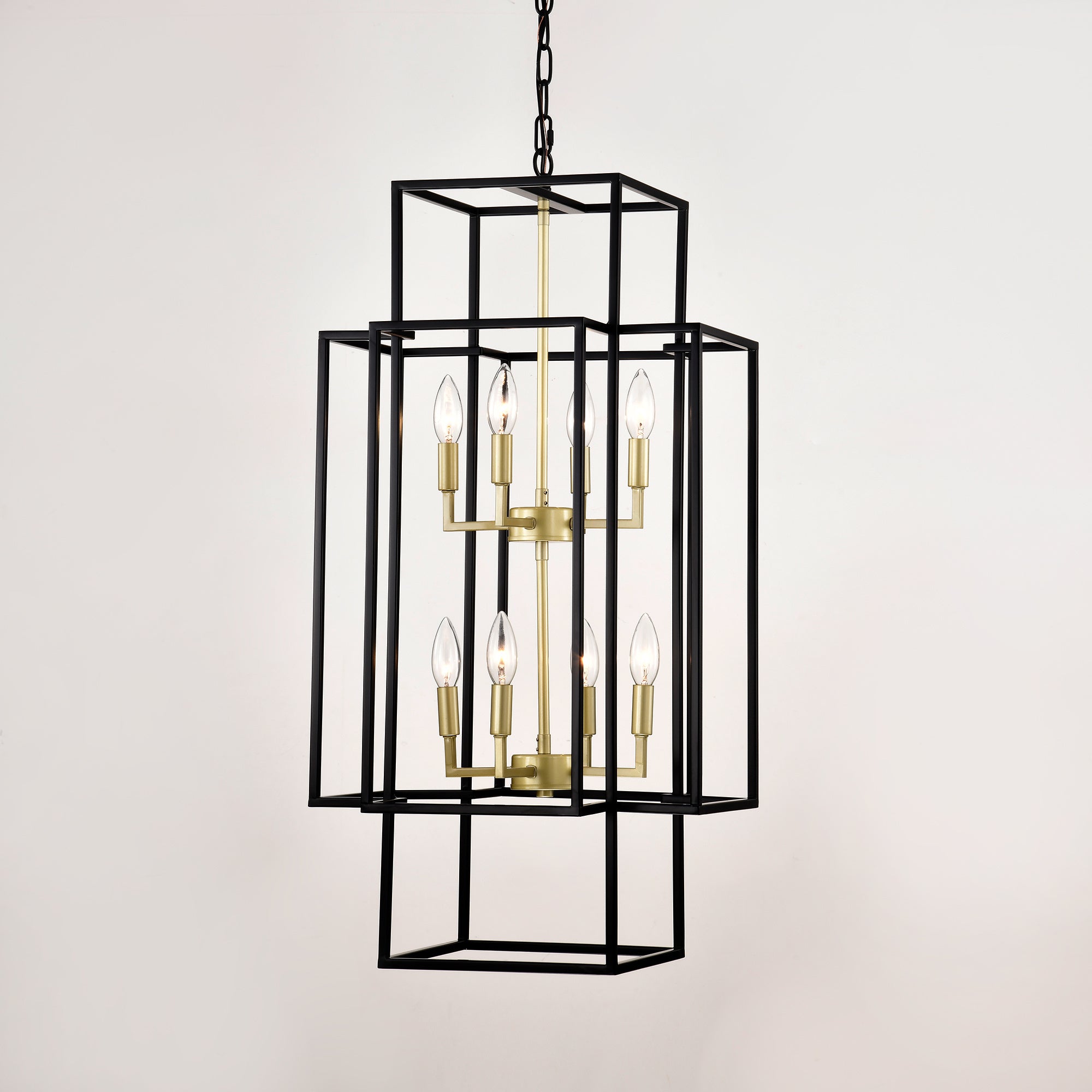 8-Light Metal Lantern Tiered Pendant Hanging Light Fixtures, Industrial Farmhouse Adjustable Height Chandeliers For Dining Room Hallway Foyer Entryway--Matte Black & Gold E12 Bulbs Not Included
