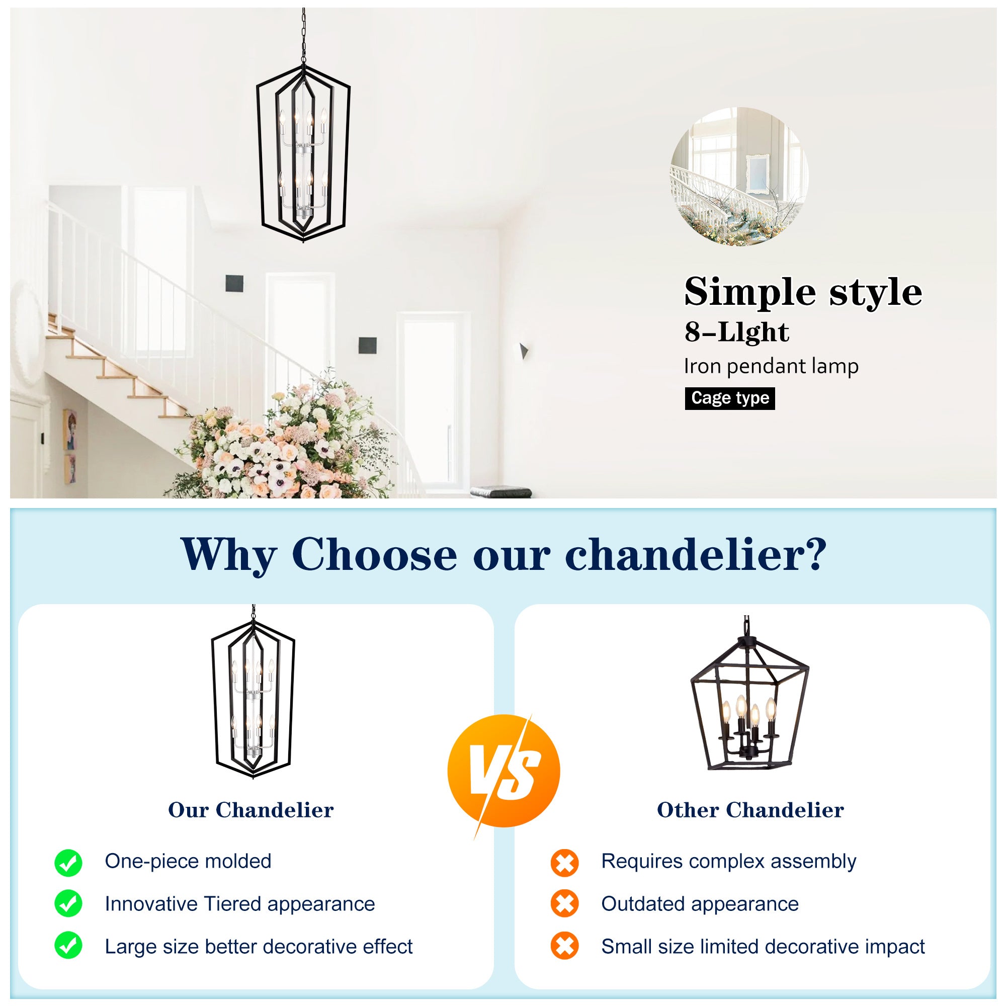 8-Light Farmhouse Kitchen Chandeliers, Matte Black And Sliver Vintage Rustic Cage Light Fixture Adjustable Height Chandeliers For Dining Room Hallway Foyer Entryway E12 Bulbs Not Included