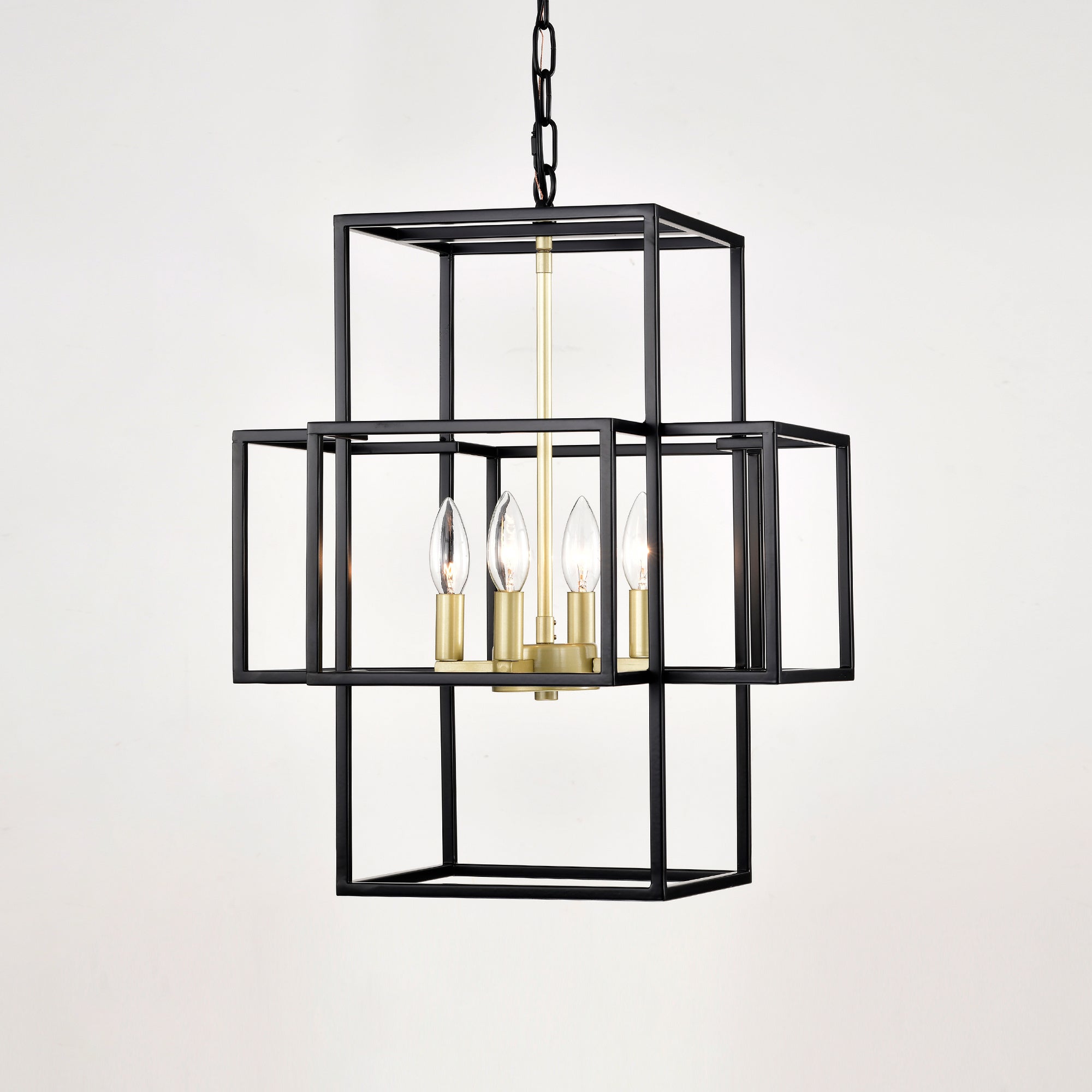4-Light Metal Lantern Tiered Pendant Hanging Light Fixtures, Industrial Farmhouse Adjustable Height Chandeliers For Dining Room Hallway Foyer Entryway--Matte Black & Gold