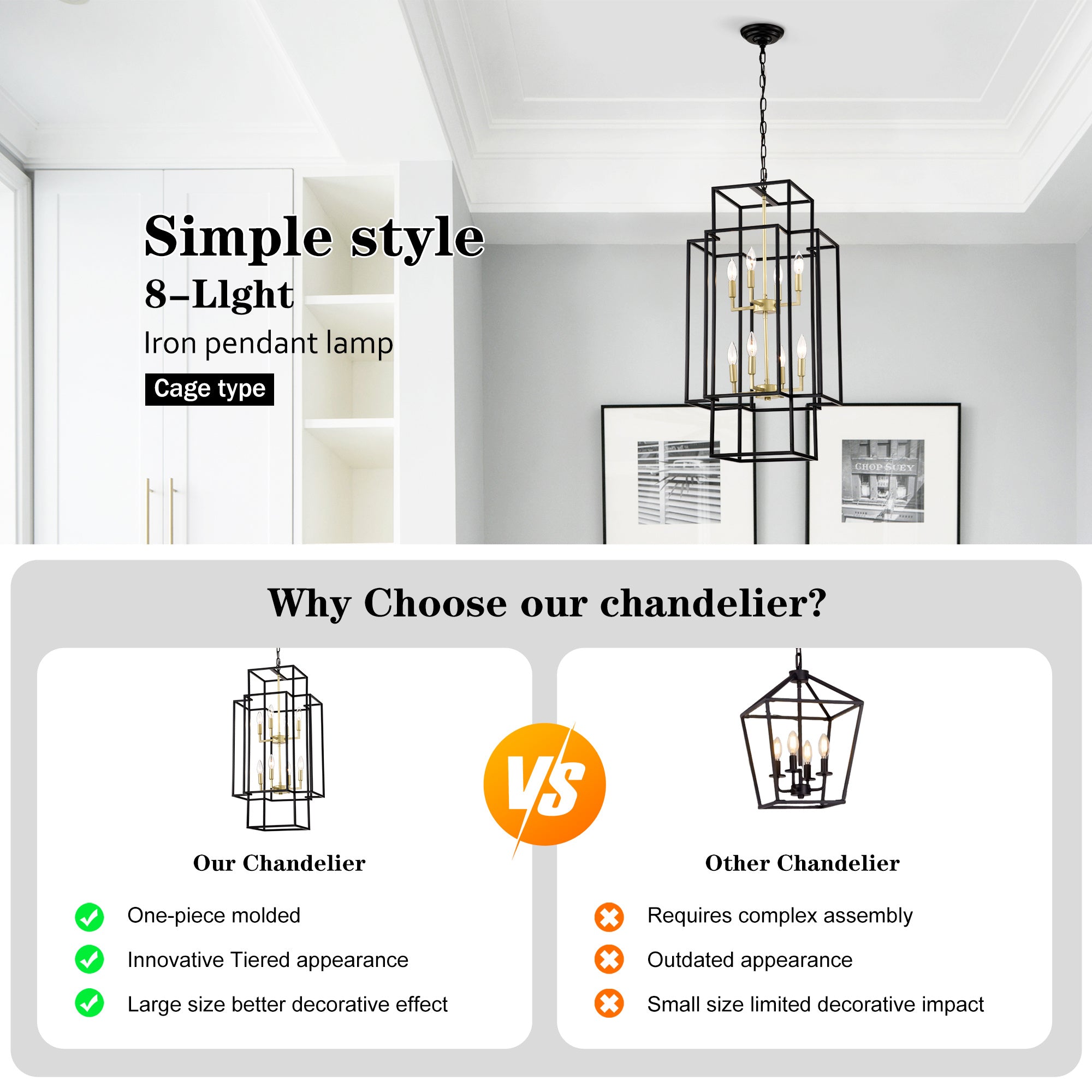 8-Light Metal Lantern Tiered Pendant Hanging Light Fixtures, Industrial Farmhouse Adjustable Height Chandeliers For Dining Room Hallway Foyer Entryway--Matte Black & Gold E12 Bulbs Not Included