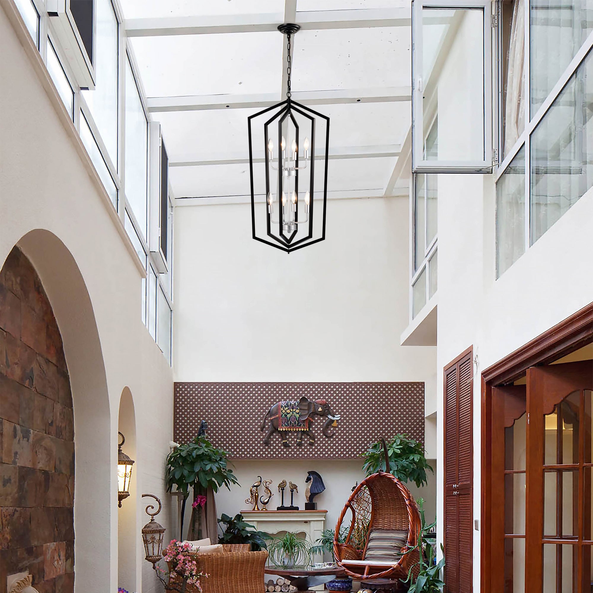 8-Light Farmhouse Kitchen Chandeliers, Matte Black And Sliver Vintage Rustic Cage Light Fixture Adjustable Height Chandeliers For Dining Room Hallway Foyer Entryway E12 Bulbs Not Included