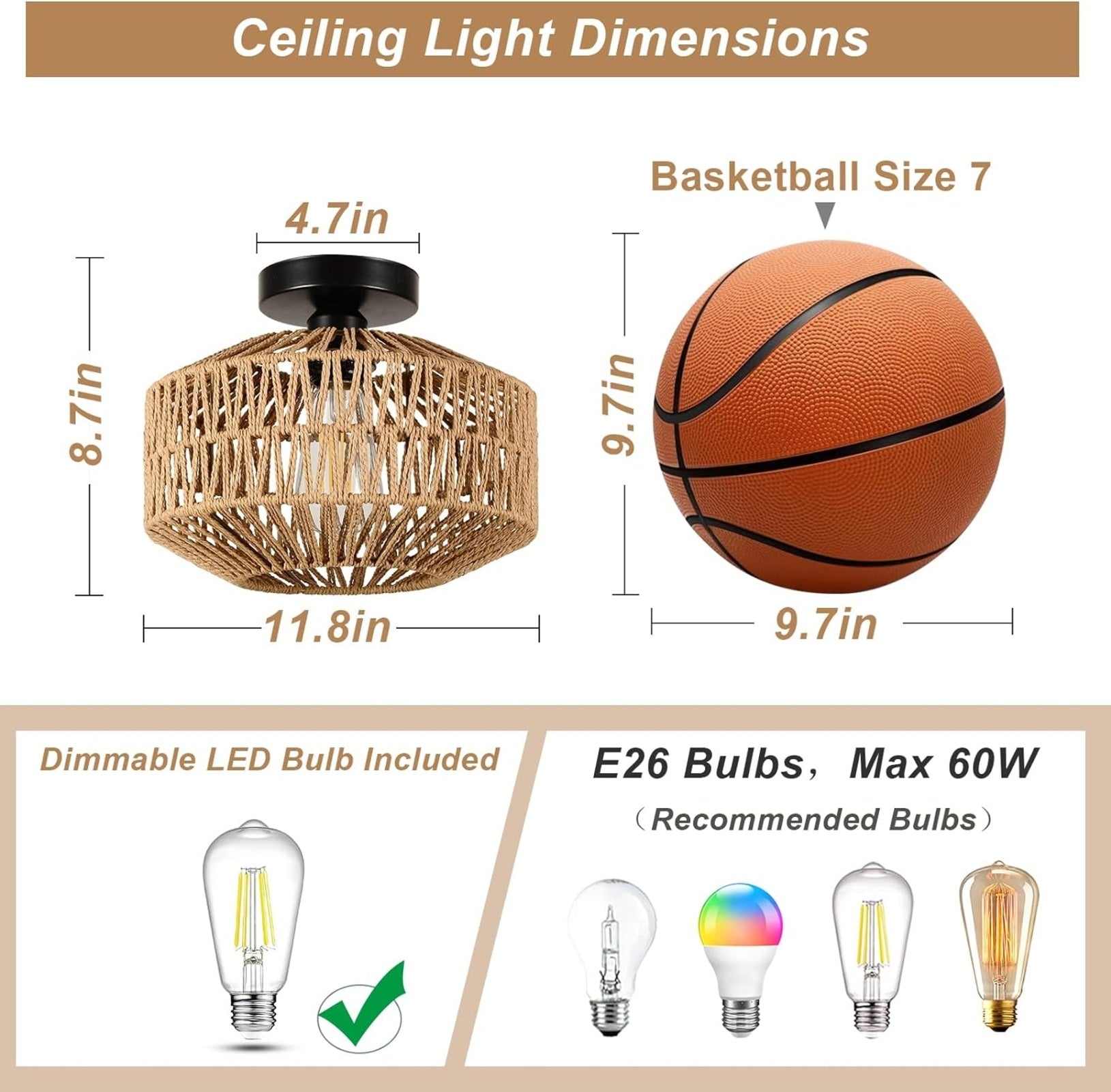 Boho Light Fixtures Ceiling Mount,Mini Rattan Chandelier Light Fixture With Dimmable LED Bulb,Hand W