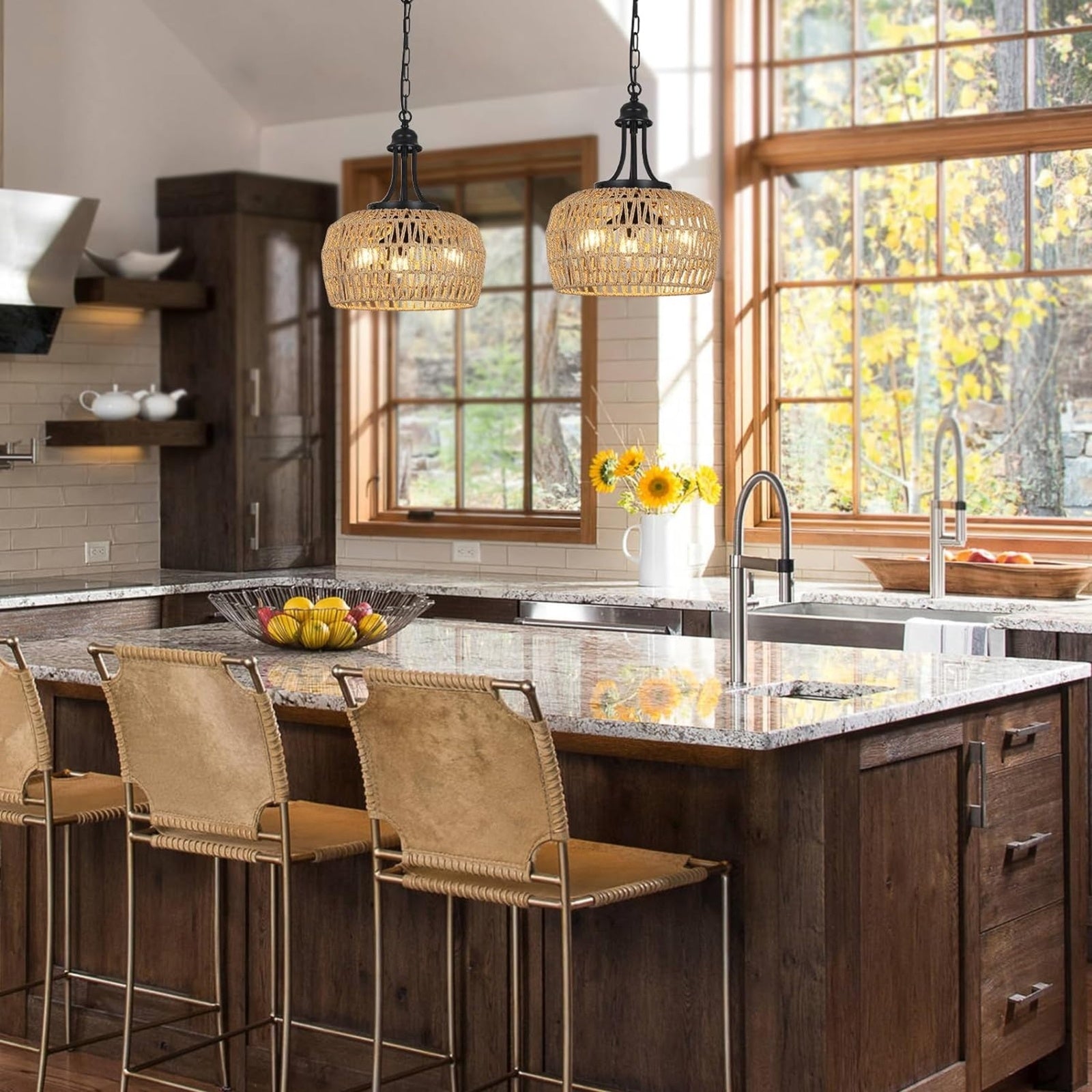 Farmhouse Chandelier For Dining Room, 3-Light Boho Rattan Chandelier Light Fixture Ceiling Hanging W