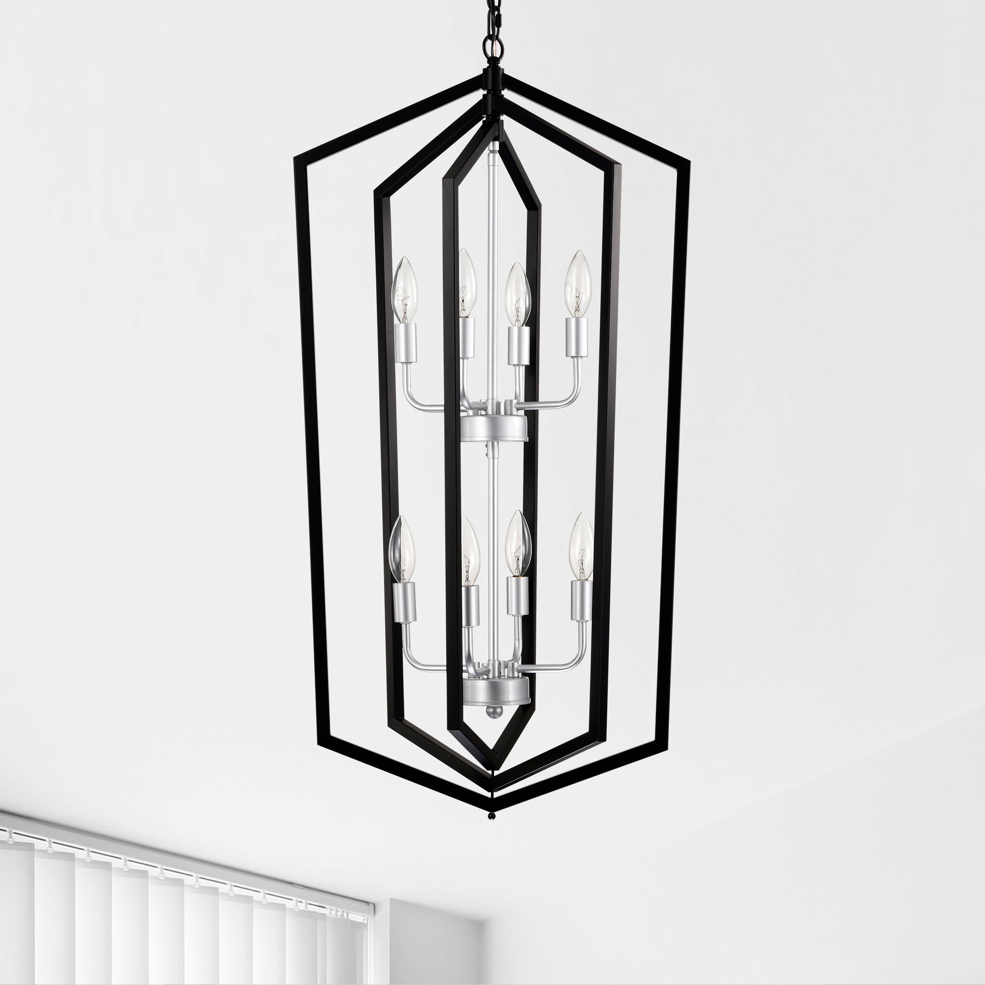 8-Light Farmhouse Kitchen Chandeliers, Matte Black And Sliver Vintage Rustic Cage Light Fixture Adjustable Height Chandeliers For Dining Room Hallway Foyer Entryway E12 Bulbs Not Included