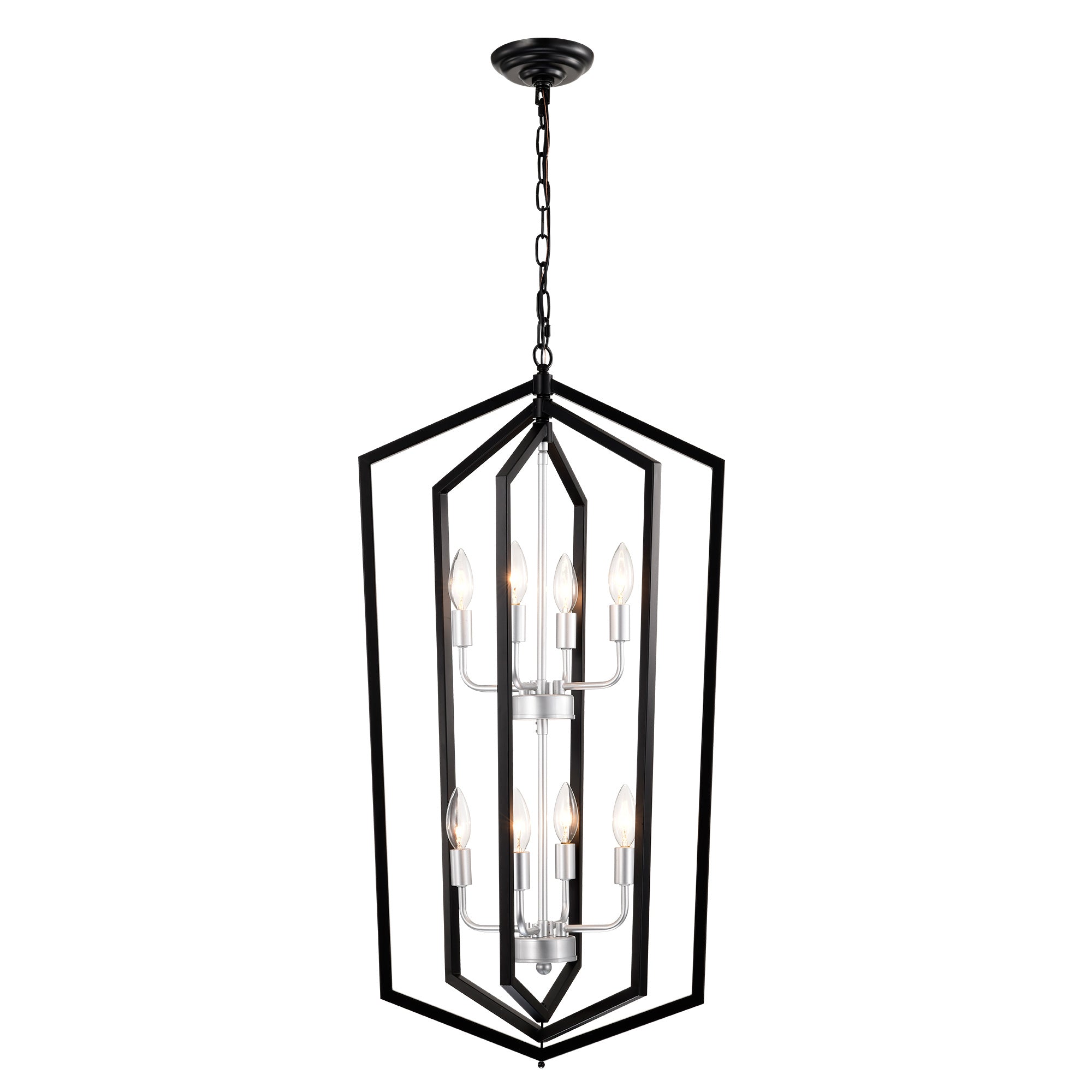 8-Light Farmhouse Kitchen Chandeliers, Matte Black And Sliver Vintage Rustic Cage Light Fixture Adjustable Height Chandeliers For Dining Room Hallway Foyer Entryway E12 Bulbs Not Included