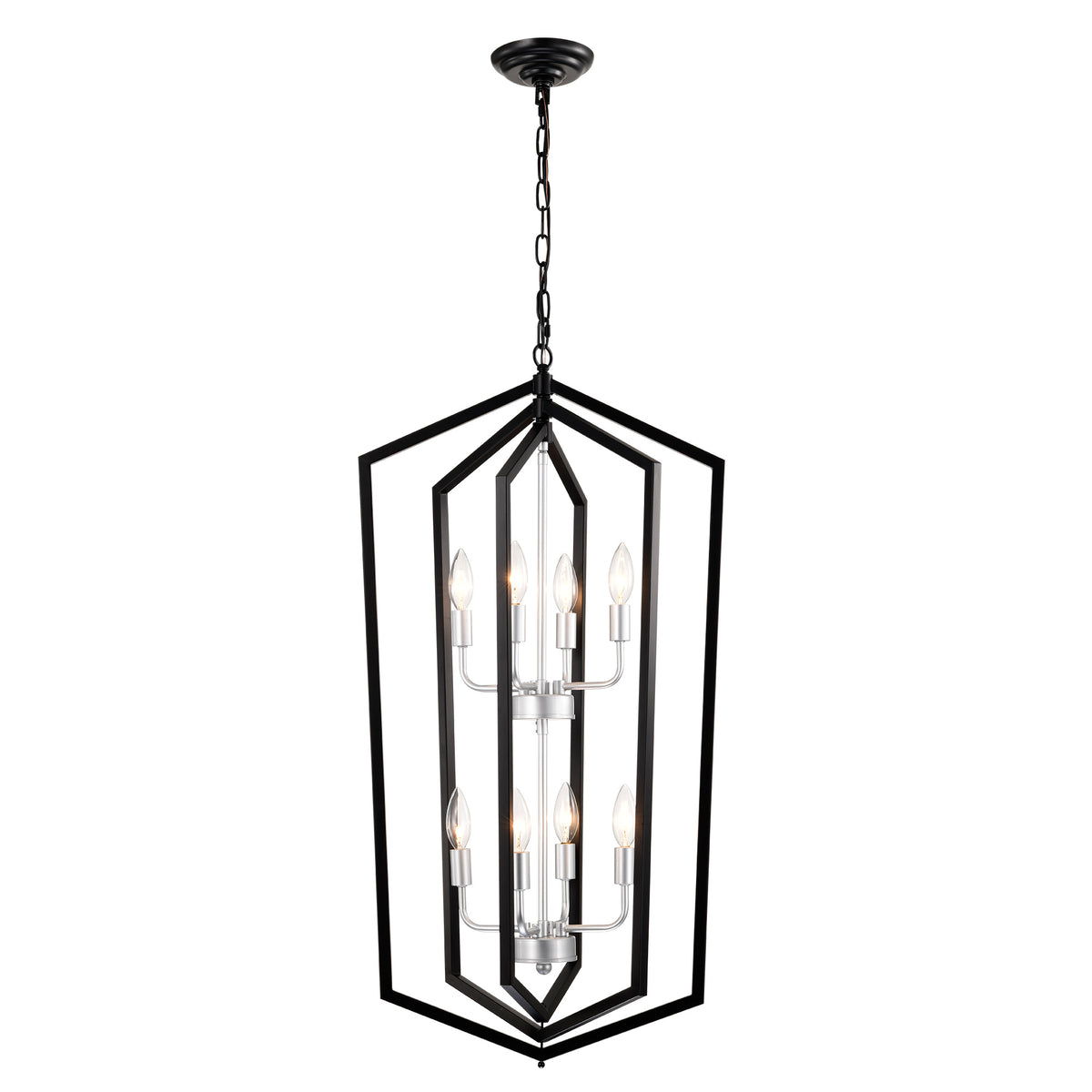 8-Light Farmhouse Kitchen Chandeliers, Matte Black And Sliver Vintage Rustic Cage Light Fixture Adjustable Height Chandeliers For Dining Room Hallway Foyer Entryway E12 Bulbs Not Included
