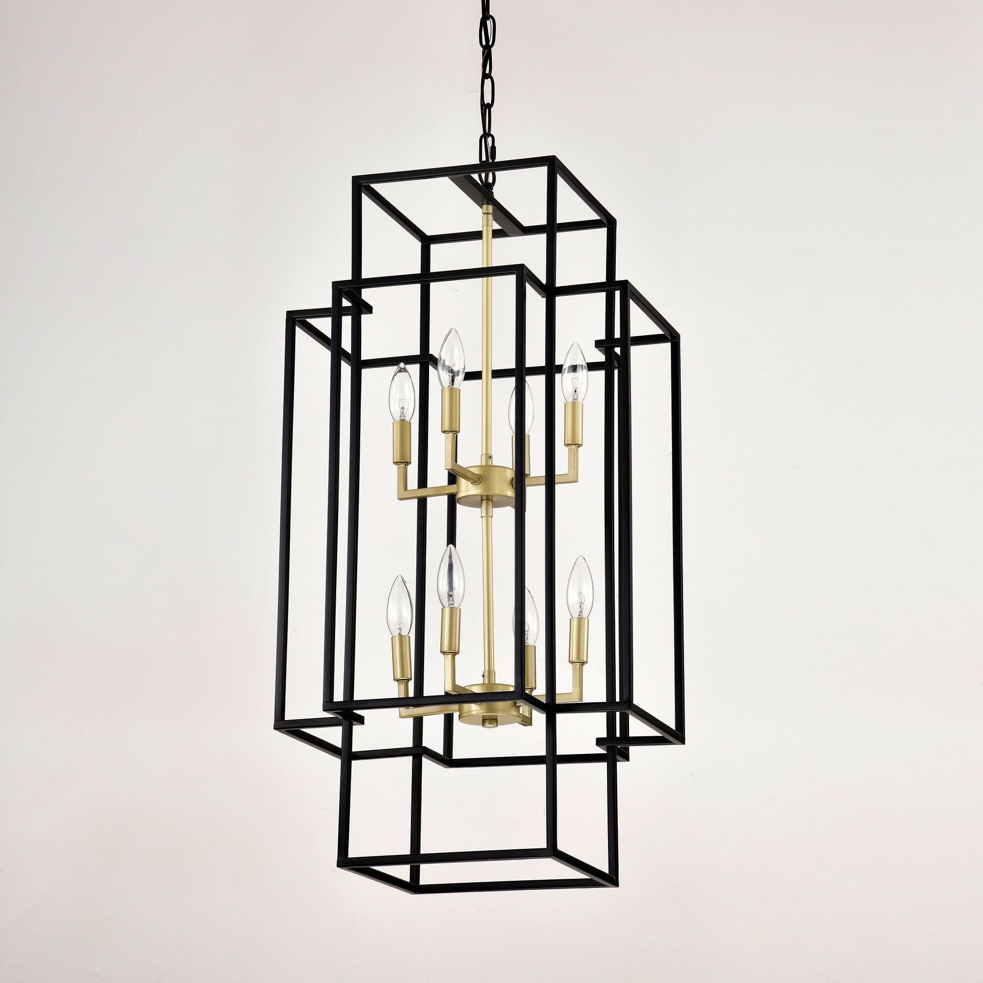 8-Light Metal Lantern Tiered Pendant Hanging Light Fixtures, Industrial Farmhouse Adjustable Height Chandeliers For Dining Room Hallway Foyer Entryway--Matte Black & Gold E12 Bulbs Not Included
