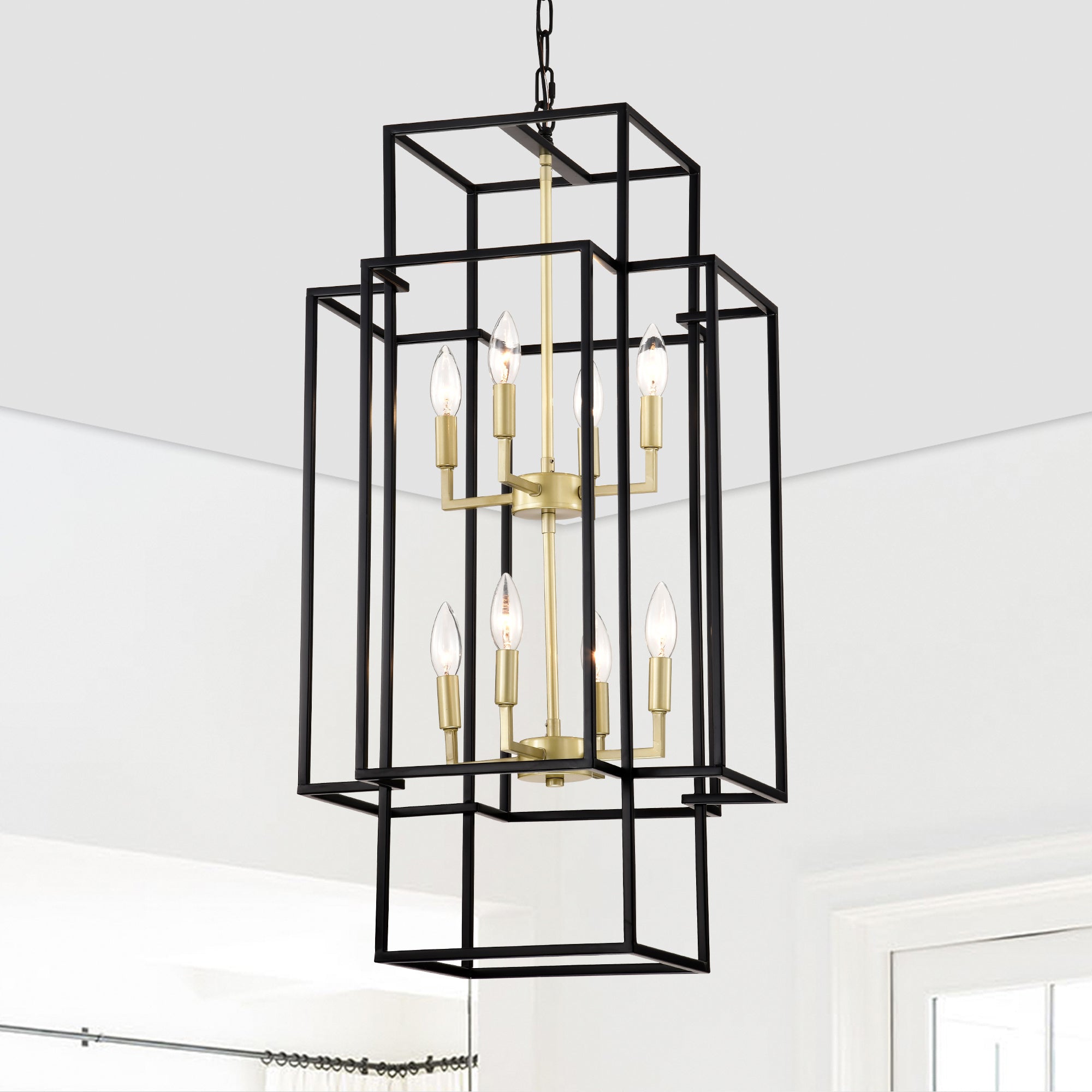 8-Light Metal Lantern Tiered Pendant Hanging Light Fixtures, Industrial Farmhouse Adjustable Height Chandeliers For Dining Room Hallway Foyer Entryway--Matte Black & Gold E12 Bulbs Not Included