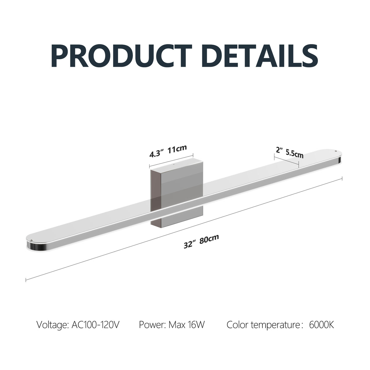 Modern LED Vanity Lights For Bathroom 32IN 16W Daylight White Chrome Light Fixtures Bathroom Lights Over Mirror Vanity Lighting Fixtures Vanity Light