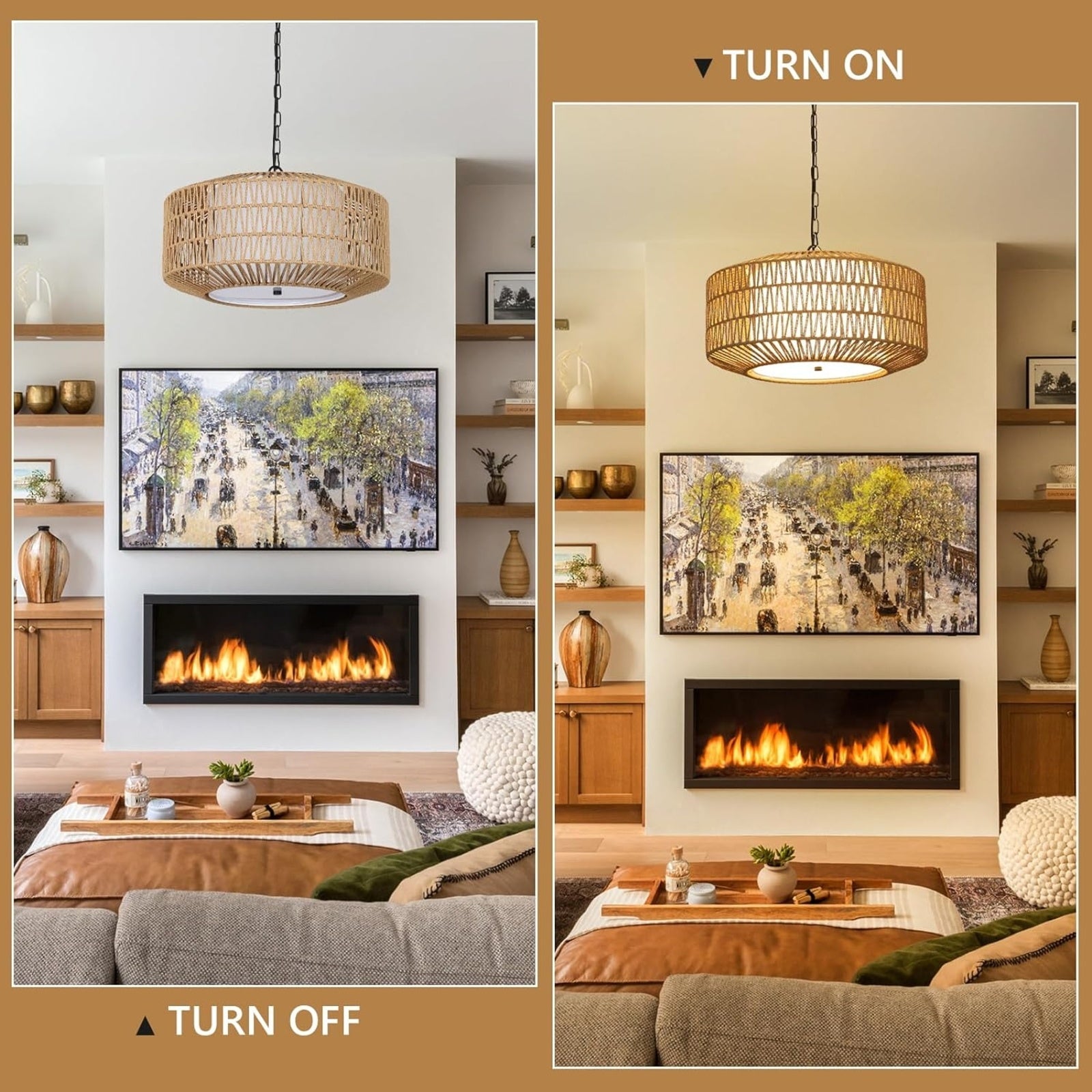 Farmhouse Chandelier Light Fixture,4-Light Rattan Boho Chandeliers For Dining Room With Fabric Shade