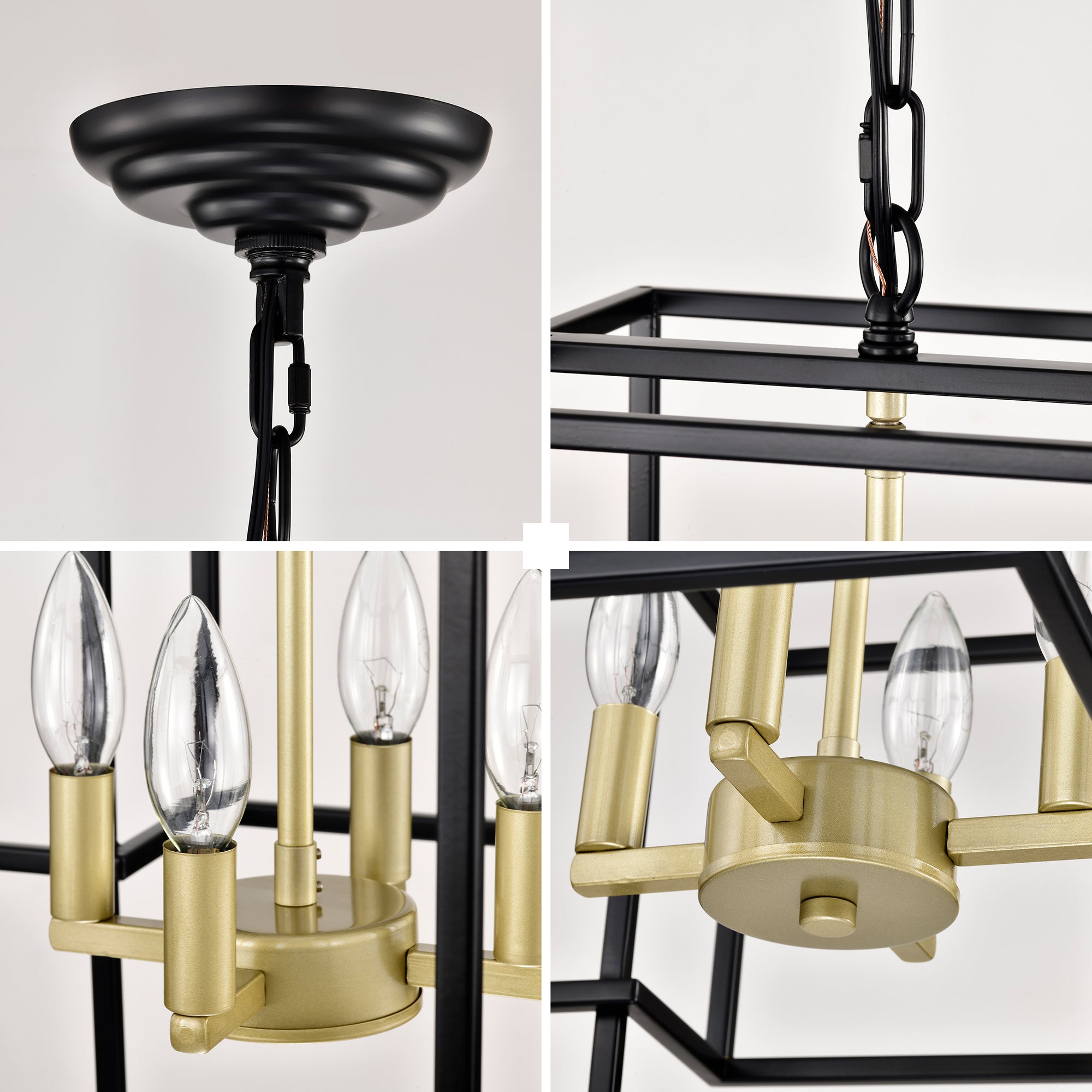 4-Light Metal Lantern Tiered Pendant Hanging Light Fixtures, Industrial Farmhouse Adjustable Height Chandeliers For Dining Room Hallway Foyer Entryway--Matte Black & Gold