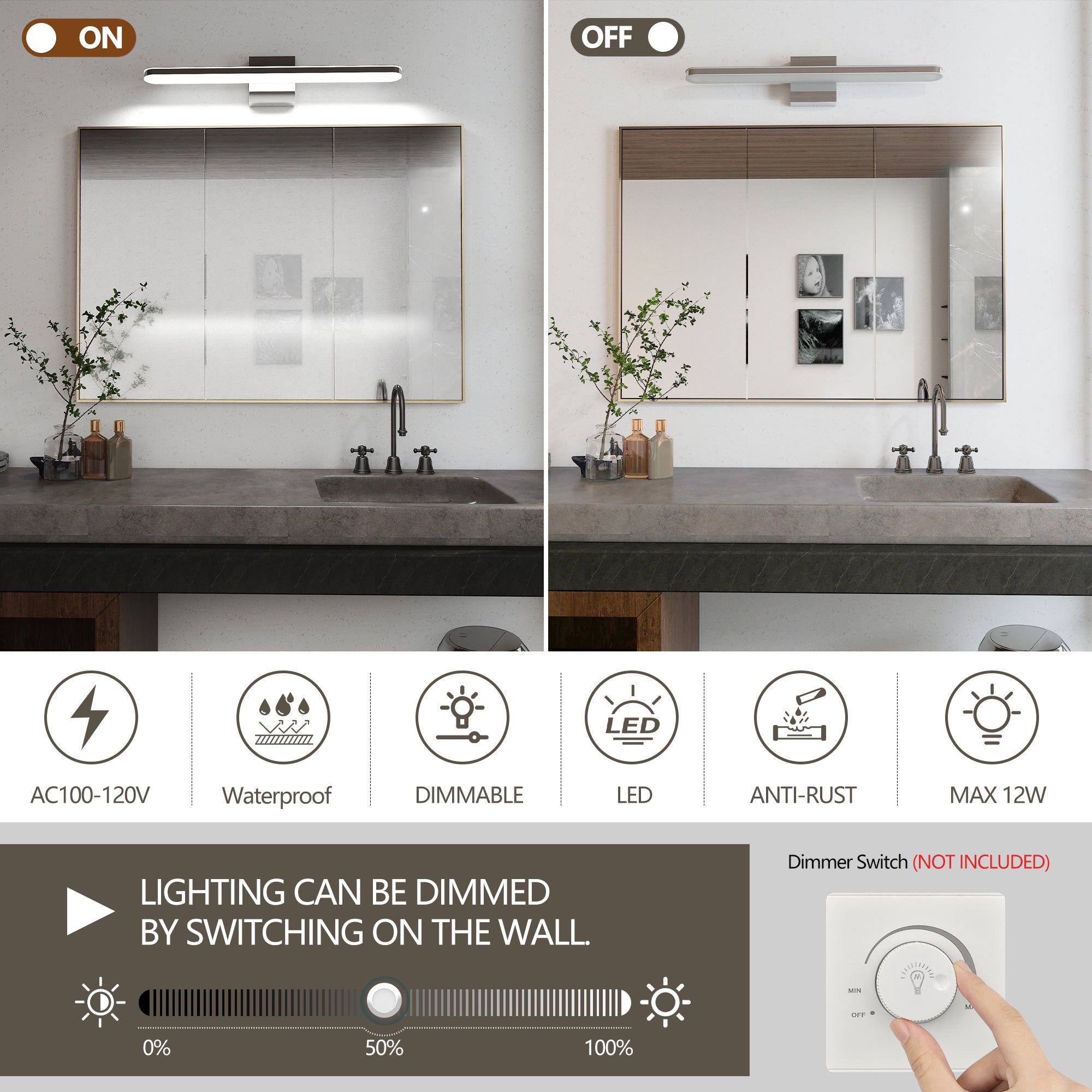 Modern Bathroom Light Fixtures Dimmable LED Vanity Lights Chrome Lamps For Bathover Mirror 24 Inch Vanity Sconces Indoor 12W Bar Lighting For Bathrooms Restroom Bedroom 6000K Wall Light For Bathroom