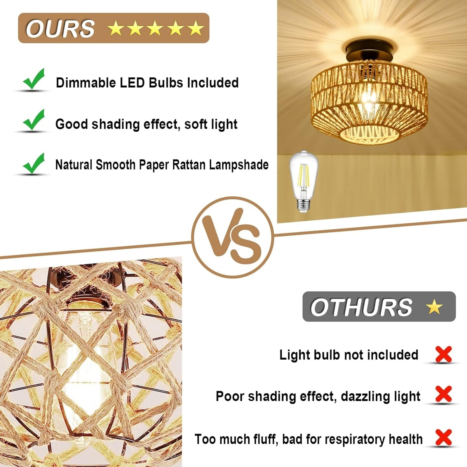 Boho Light Fixtures Ceiling Mount,Mini Rattan Chandelier Light Fixture With Dimmable LED Bulb,Hand W